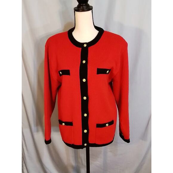 Karen Scott  button up sweater red with black trim - Picture 1 of 7